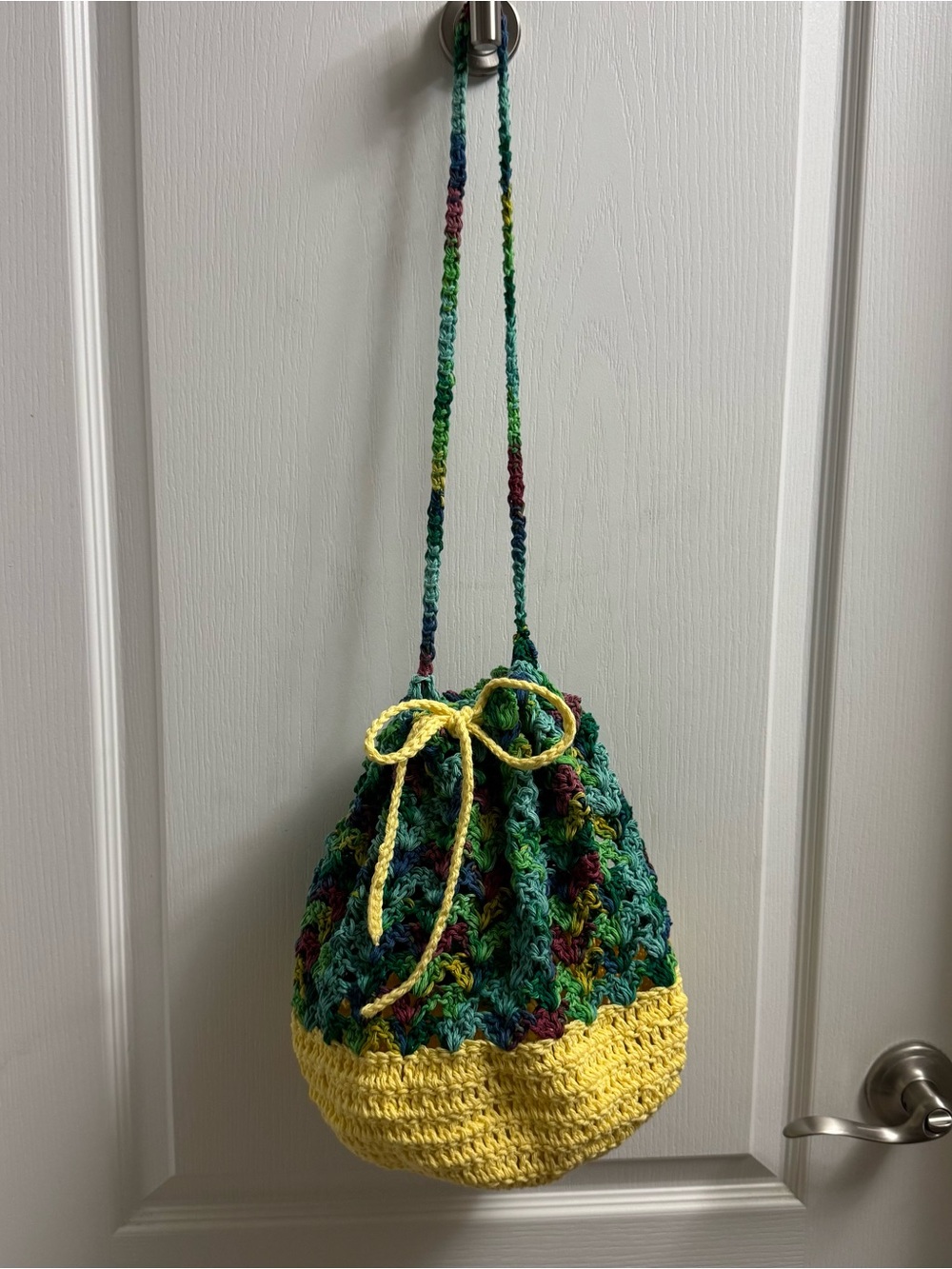 Handmade Crochet Drawstring Crossbody Bag in multi color